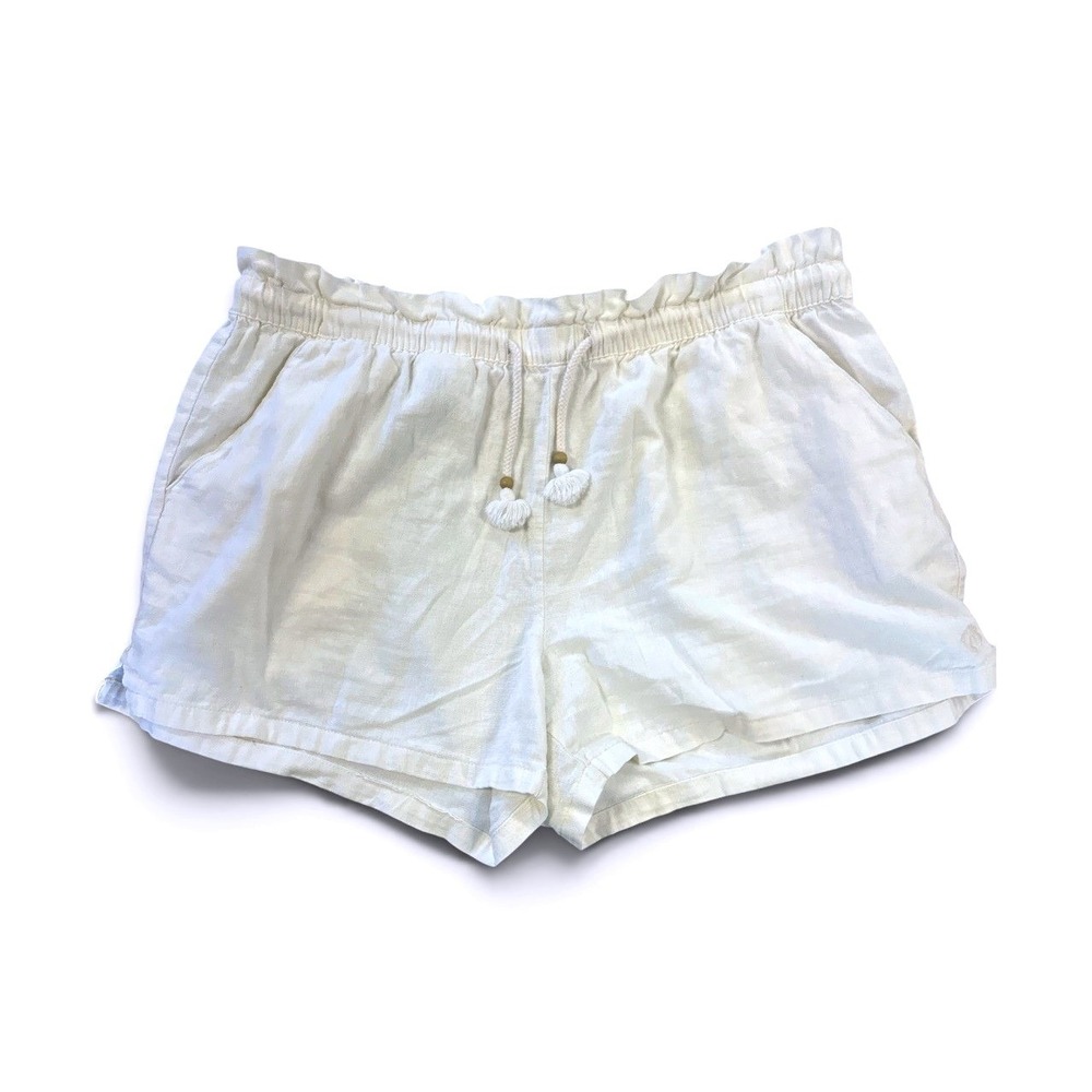 Hang Ten Womens Linen Blend‎ Drawstring Paperbag Waist Shorts Cream Off-White
